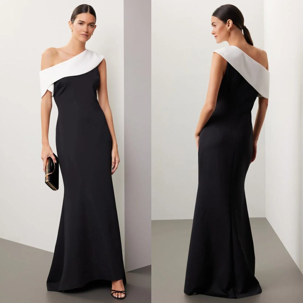 Badgley Mischka One Shoulder Gown Mermaid Hem Maxi Dress Black White 4